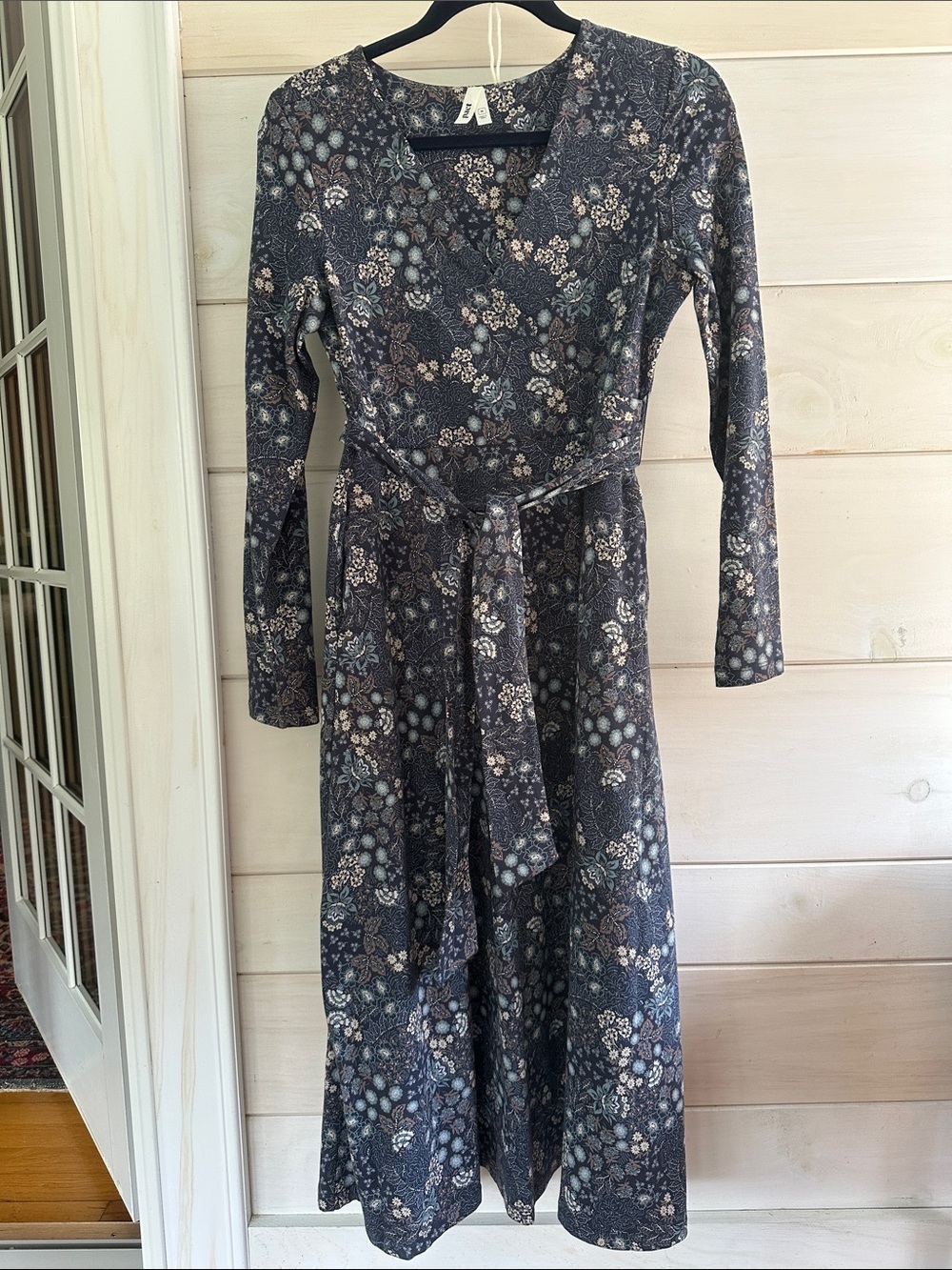 Classic Floral Wrap Midi Dress in Charcoal Gray